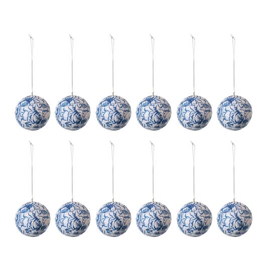 Hello Honey® 12 Pack 3" Blue & Cream Round Printed Paper Mache Ball Ornaments with Flowers & Peacock Feather Design